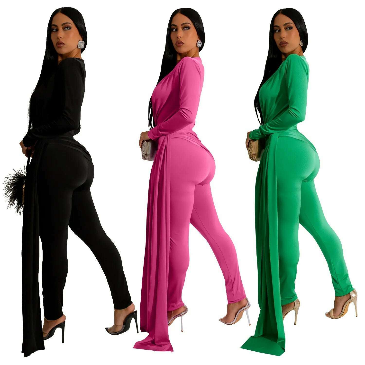 KIMLUD, Elegant Ribbon Bodycon Jumpsuits Sexy Long Sleeve Lace Up Romper Club Party Summer Women Clothes Overalls Luxury One Piece 2023, KIMLUD Womens Clothes