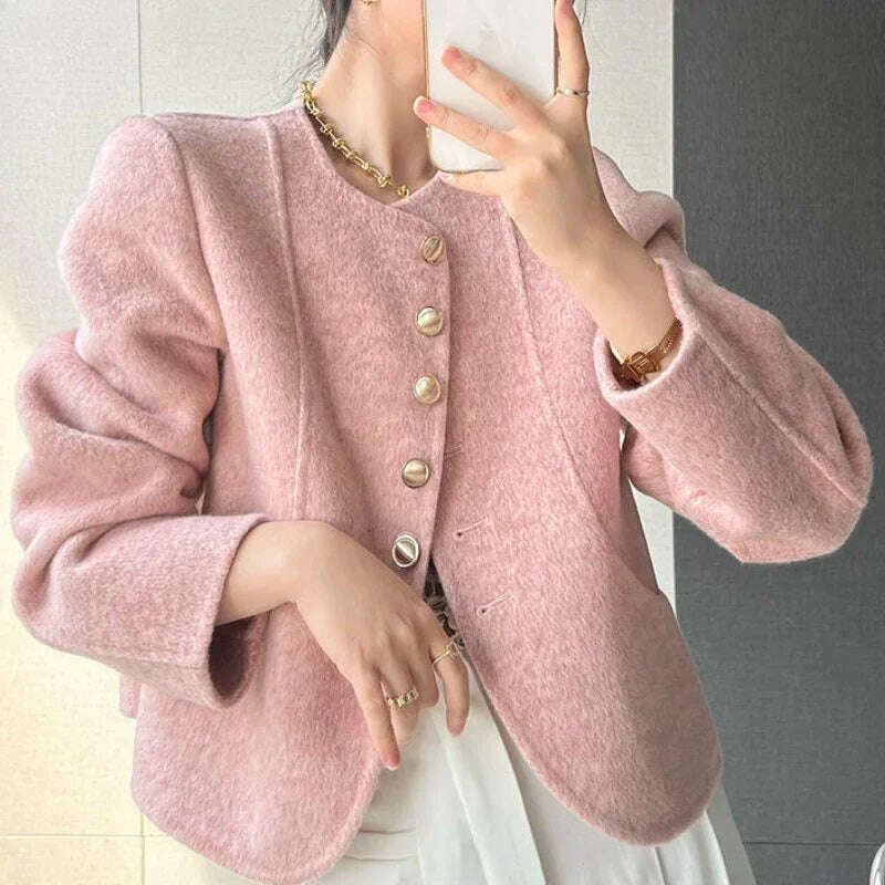 KIMLUD, Elegant Round Neck Short Woolen Coat Fall Winter New Korean Loose Outerwear Fashion Solid Single Breasted Women Casaco Jackets, KIMLUD Womens Clothes