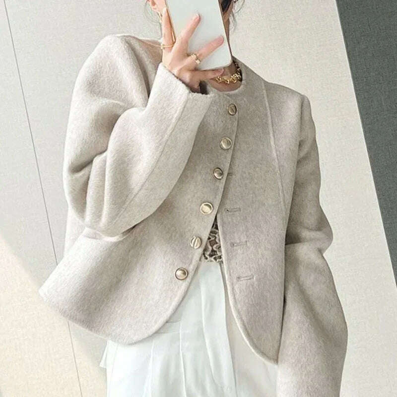 KIMLUD, Elegant Round Neck Short Woolen Coat Fall Winter New Korean Loose Outerwear Fashion Solid Single Breasted Women Casaco Jackets, KIMLUD Women's Clothes