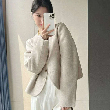 KIMLUD, Woolen Coat Elegant Short Round-Neck Single Breasted — Charcoal | KIMLUD, KIMLUD Womens Clothes