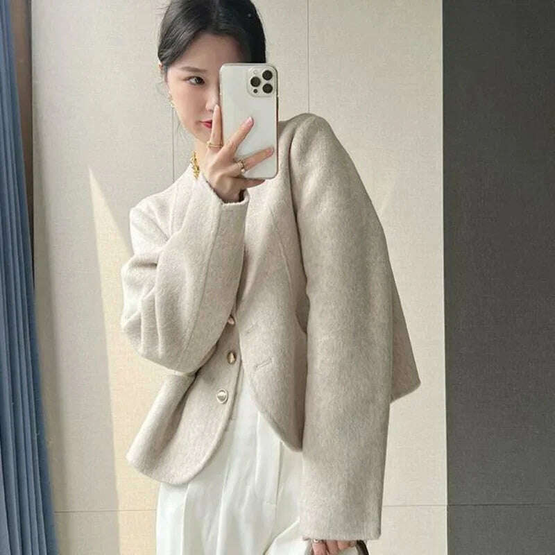 KIMLUD, Elegant Round Neck Short Woolen Coat Fall Winter New Korean Loose Outerwear Fashion Solid Single Breasted Women Casaco Jackets, KIMLUD Womens Clothes