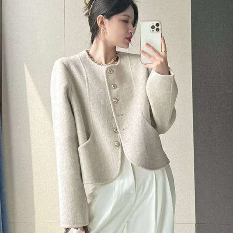KIMLUD, Elegant Round Neck Short Woolen Coat Fall Winter New Korean Loose Outerwear Fashion Solid Single Breasted Women Casaco Jackets, Beige / S, KIMLUD Women's Clothes