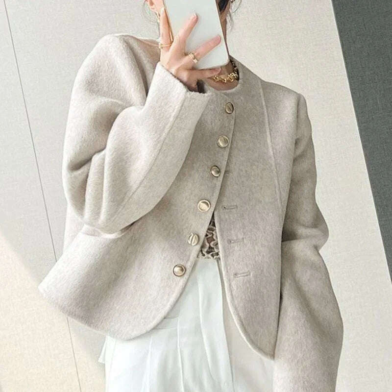 KIMLUD, Elegant Round Neck Short Woolen Coat Fall Winter New Korean Loose Outerwear Fashion Solid Single Breasted Women Casaco Jackets, KIMLUD Women's Clothes