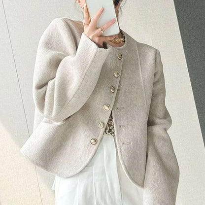 KIMLUD, Woolen Coat Elegant Short Round-Neck Single Breasted — Charcoal | KIMLUD, KIMLUD Womens Clothes