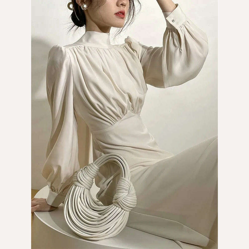 KIMLUD, Elegant Solid Satin Dress Women Long Sleeves Autumn Spring Evening Party Slim Robe France Vintage Female Chic One Piece Vestidos, KIMLUD Womens Clothes