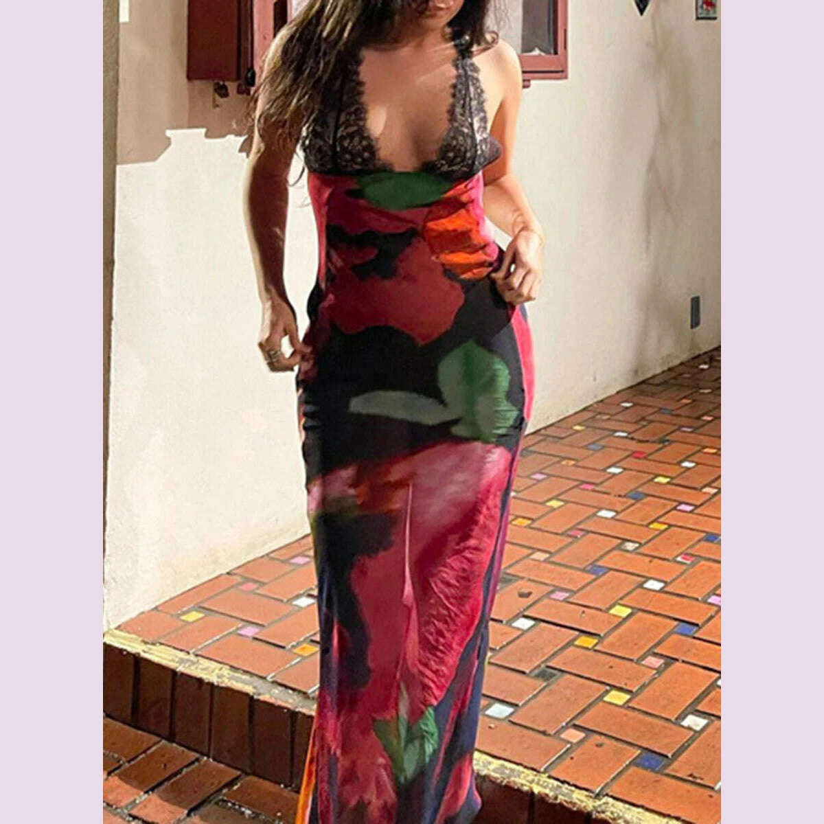 KIMLUD, Elegant Tie Dye Floral Chiffon Dress For Women 2023 Summer Sexy Bandage Backless Lace Long Dresses Female Beach Evening Robe, KIMLUD Womens Clothes