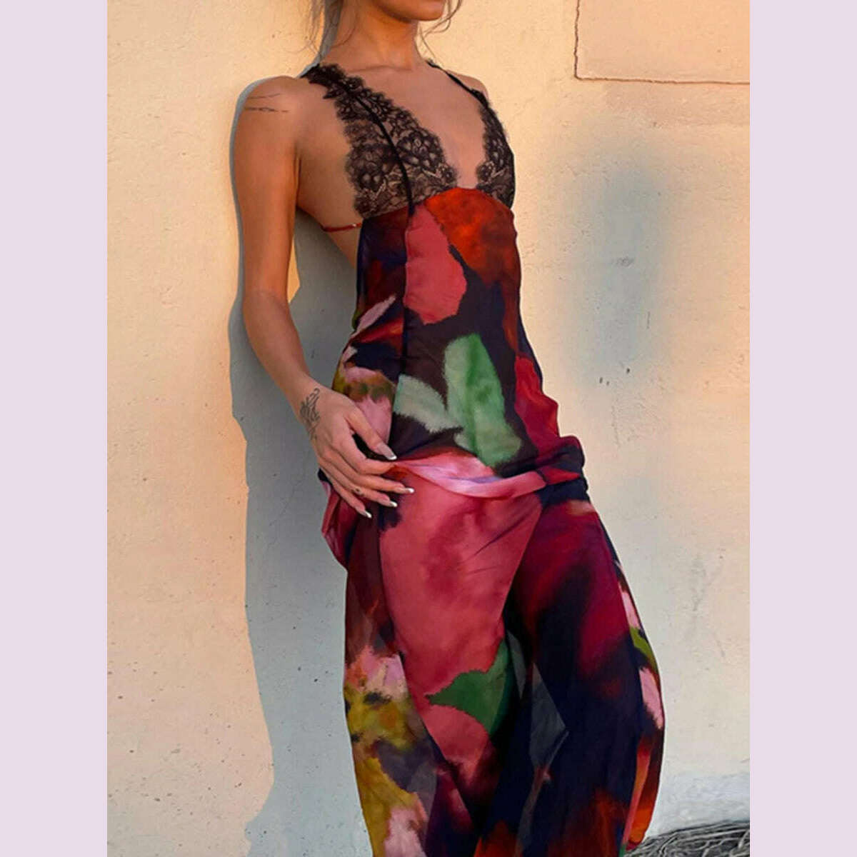 KIMLUD, Elegant Tie Dye Floral Chiffon Dress For Women 2023 Summer Sexy Bandage Backless Lace Long Dresses Female Beach Evening Robe, KIMLUD Womens Clothes