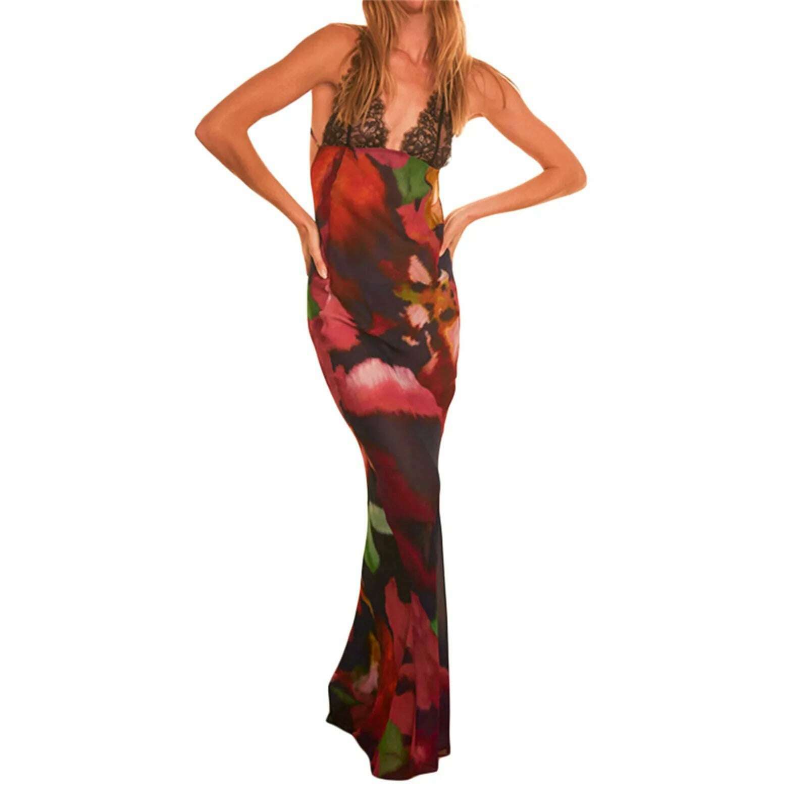 KIMLUD, Elegant Tie Dye Floral Chiffon Dress For Women 2023 Summer Sexy Bandage Backless Lace Long Dresses Female Beach Evening Robe, B / M, KIMLUD APPAREL - Womens Clothes