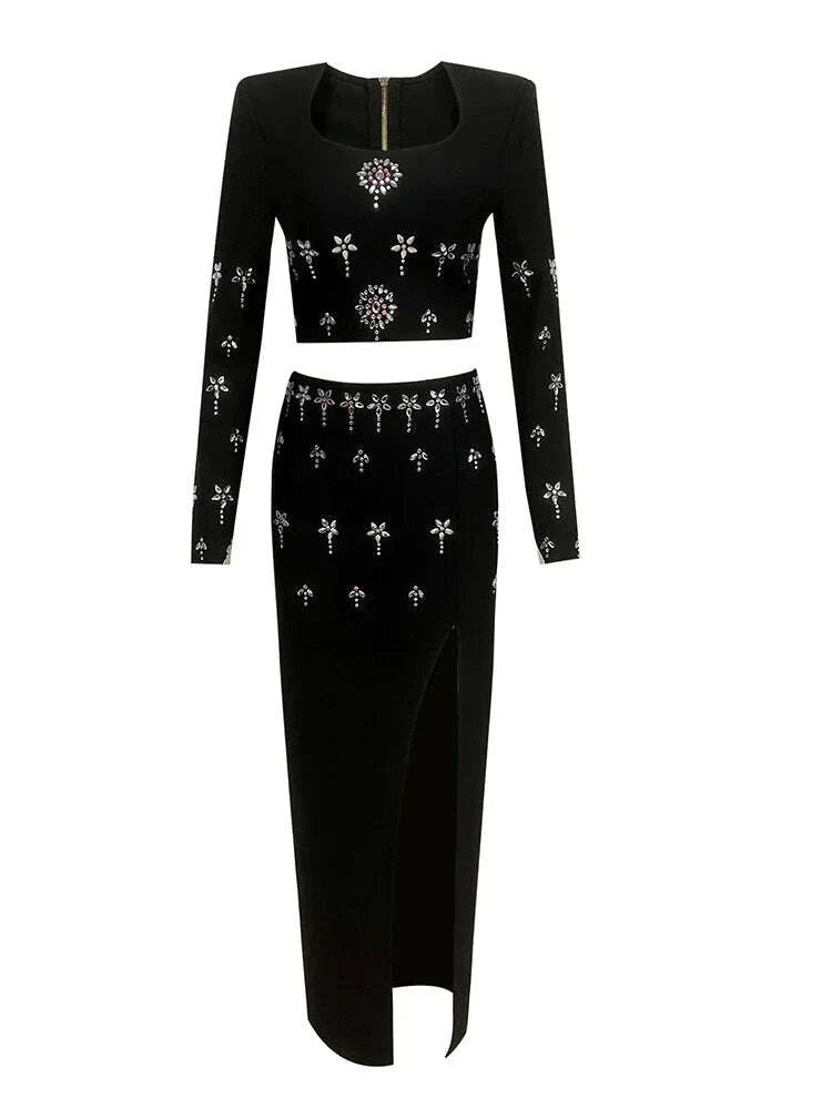 Elegant Two Piece Set Sexy Long Sleeves Diamonds Top + Long Split Bodycon Skirt Bandage Suits Runway Evening Party Dress Sets