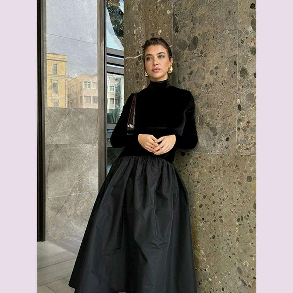 KIMLUD, Elegant Velvet Patchwork Pleated Hem Black Maxi Dress Chic Mock Turtleneck Full Sleeve A-line Robes 2024 Winter Lady Party Gowns, KIMLUD Womens Clothes
