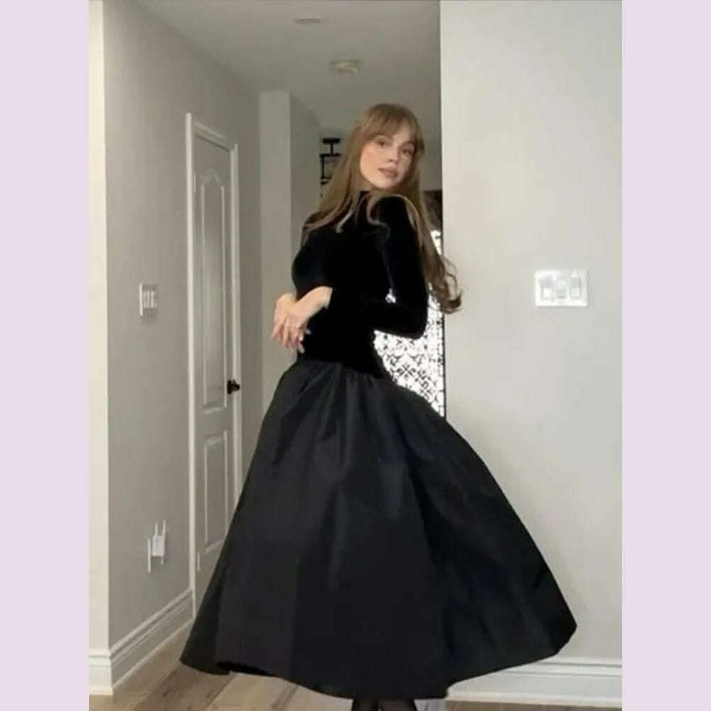 KIMLUD, Elegant Velvet Patchwork Pleated Hem Black Maxi Dress Chic Mock Turtleneck Full Sleeve A-line Robes 2024 Winter Lady Party Gowns, KIMLUD Womens Clothes
