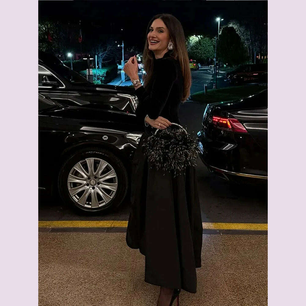 KIMLUD, Elegant Velvet Patchwork Pleated Hem Black Maxi Dress Chic Mock Turtleneck Full Sleeve A-line Robes 2024 Winter Lady Party Gowns, KIMLUD Womens Clothes