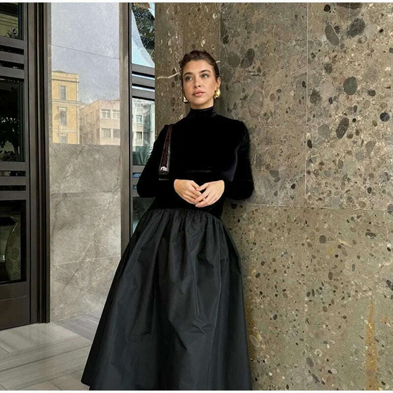 KIMLUD, Elegant Velvet Patchwork Pleated Hem Black Maxi Dress Chic Mock Turtleneck Full Sleeve A-line Robes 2024 Winter Lady Party Gowns, KIMLUD Womens Clothes