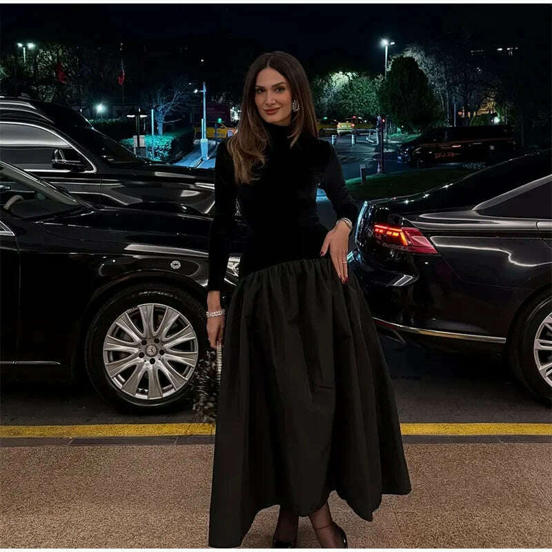 KIMLUD, Elegant Velvet Patchwork Pleated Hem Black Maxi Dress Chic Mock Turtleneck Full Sleeve A-line Robes 2024 Winter Lady Party Gowns, KIMLUD Womens Clothes