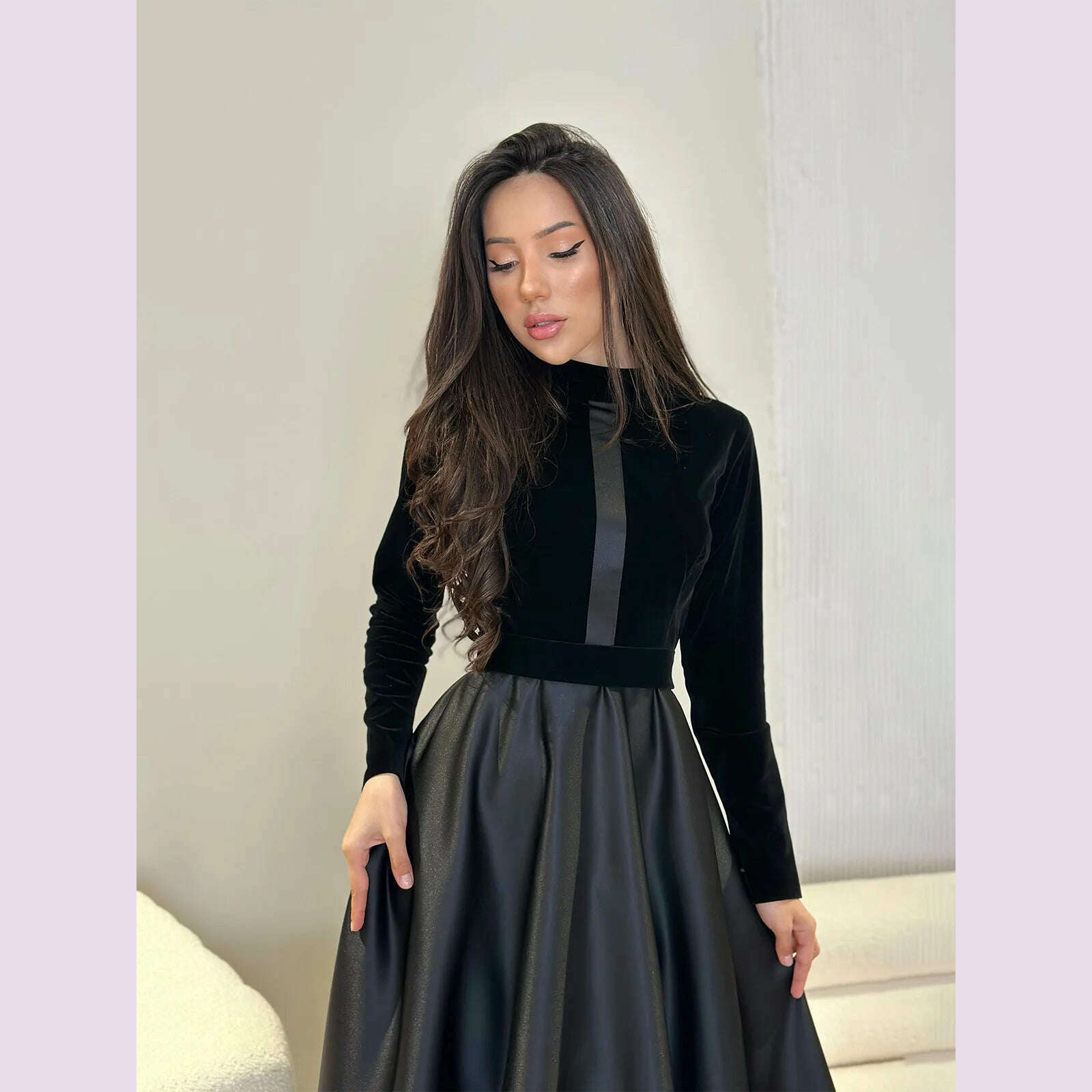 KIMLUD, Elegant Velvet Patchwork Pleated Hem Black Maxi Dress Chic Mock Turtleneck Full Sleeve A-line Robes 2024 Winter Lady Party Gowns, KIMLUD Womens Clothes
