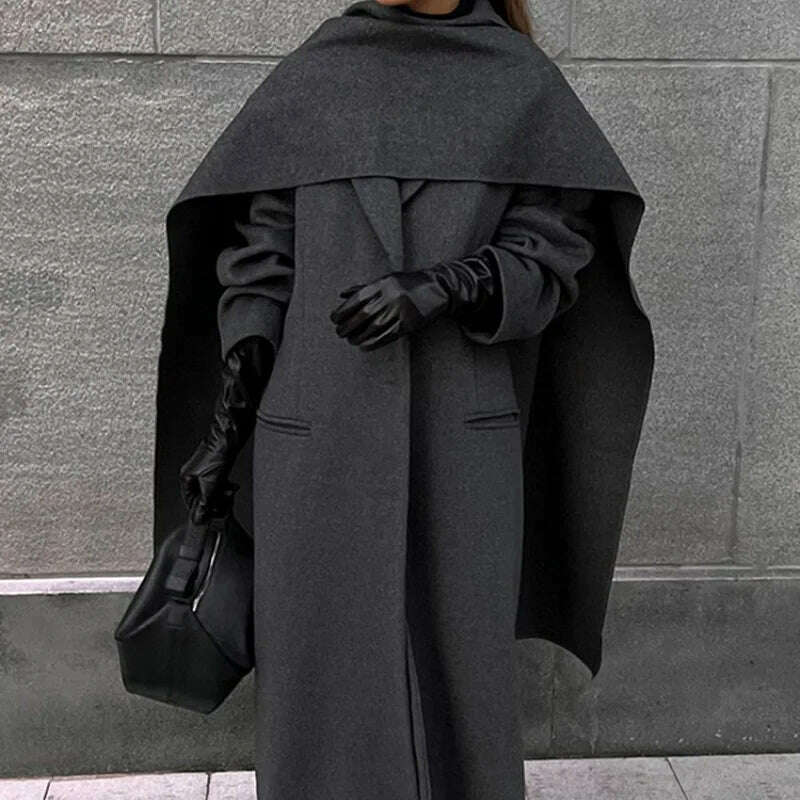KIMLUD, Elegant Vintage Woolen Overcoat For Women Single Breasted Scarf Loose Jacket Pocket Casual Coat 2024 Autumn New Lady Outerwear, KIMLUD Womens Clothes
