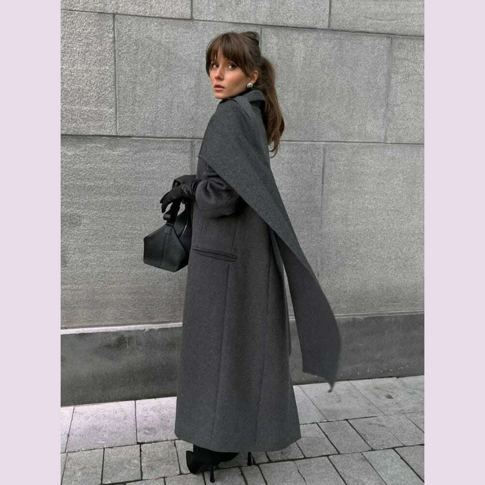 KIMLUD, Elegant Vintage Woolen Overcoat For Women Single Breasted Scarf Loose Jacket Pocket Casual Coat 2024 Autumn New Lady Outerwear, KIMLUD Womens Clothes