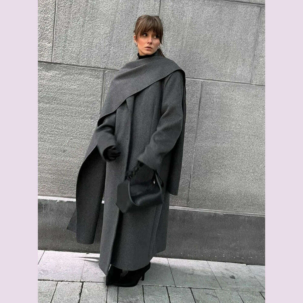 KIMLUD, Elegant Vintage Woolen Overcoat For Women Single Breasted Scarf Loose Jacket Pocket Casual Coat 2024 Autumn New Lady Outerwear, KIMLUD Womens Clothes