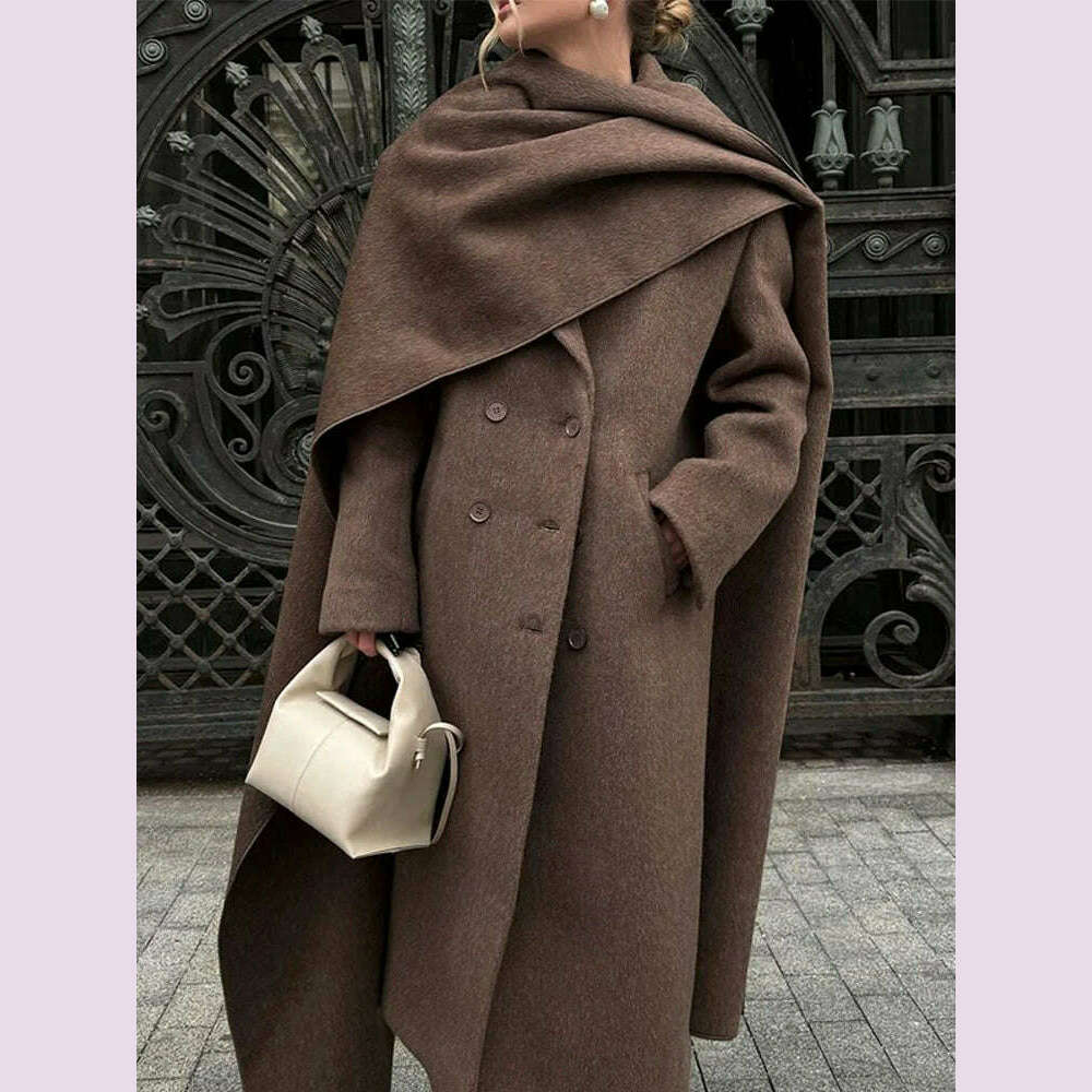 KIMLUD, Elegant Vintage Woolen Overcoat For Women Single Breasted Scarf Loose Jacket Pocket Casual Coat 2024 Autumn New Lady Outerwear, KIMLUD Womens Clothes