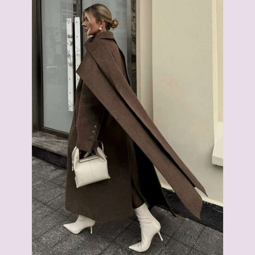 KIMLUD, Elegant Vintage Woolen Overcoat For Women Single Breasted Scarf Loose Jacket Pocket Casual Coat 2024 Autumn New Lady Outerwear, KIMLUD Womens Clothes