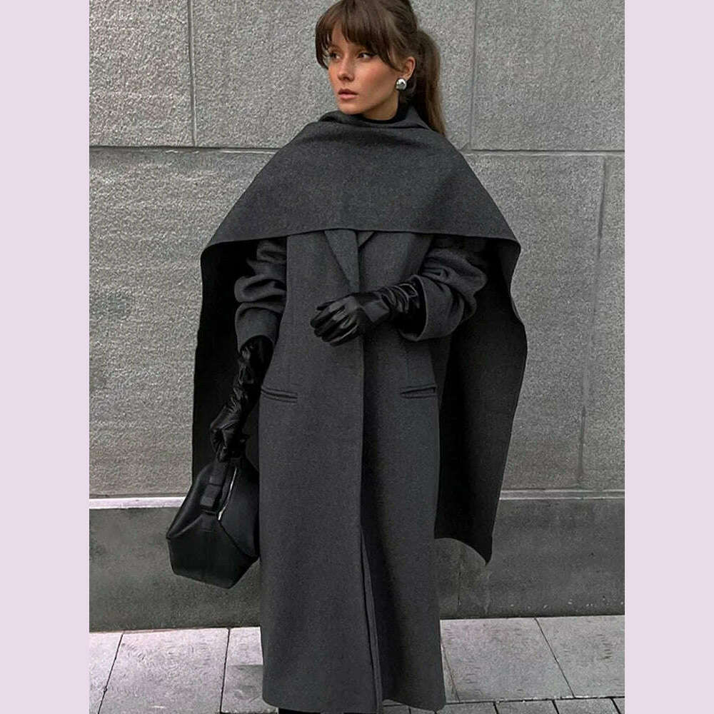 KIMLUD, Elegant Vintage Woolen Overcoat For Women Single Breasted Scarf Loose Jacket Pocket Casual Coat 2024 Autumn New Lady Outerwear, KIMLUD Womens Clothes