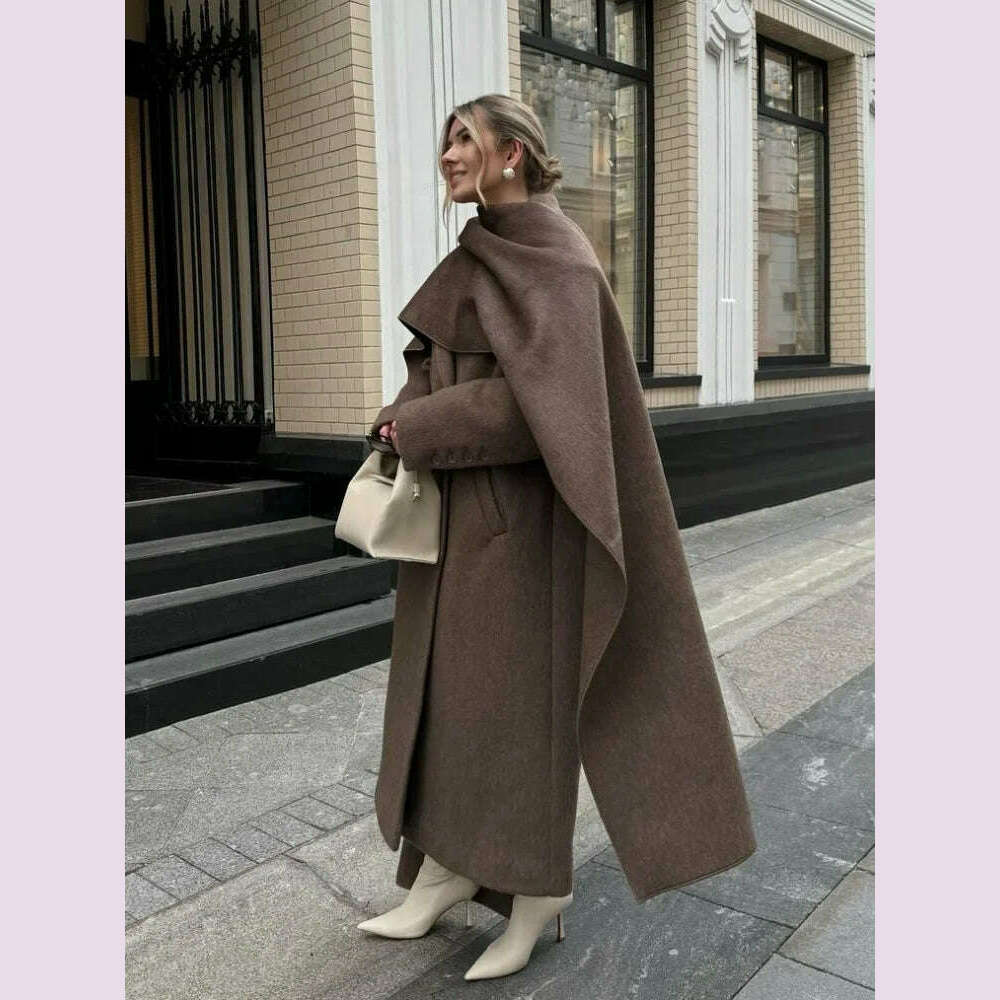 KIMLUD, Elegant Vintage Woolen Overcoat For Women Single Breasted Scarf Loose Jacket Pocket Casual Coat 2024 Autumn New Lady Outerwear, KIMLUD Womens Clothes