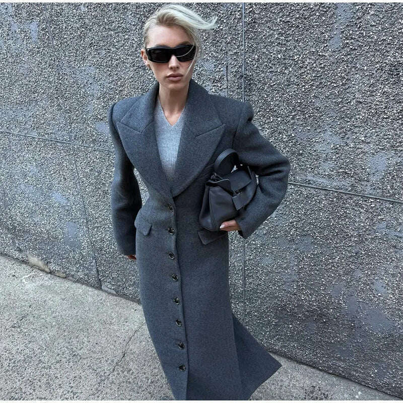 KIMLUD, Elegant Waist Up Single Breasted Wool Blends Overcoat Women Fashion Lapel Slim Fits Long Coats Winter New Commute Lady Outwear, KIMLUD Womens Clothes