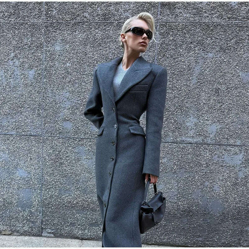 KIMLUD, Elegant Waist Up Single Breasted Wool Blends Overcoat Women Fashion Lapel Slim Fits Long Coats Winter New Commute Lady Outwear, KIMLUD Womens Clothes
