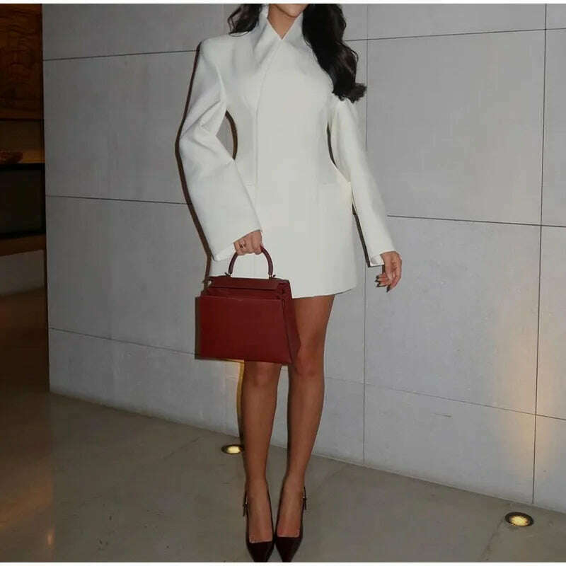 KIMLUD, Elegant White Stand Collar Double Pocket Jacket Women Fashion Long Sleeves Cuff Buttons Blazer 2024 Autumn Office Lady Outwear, KIMLUD Womens Clothes