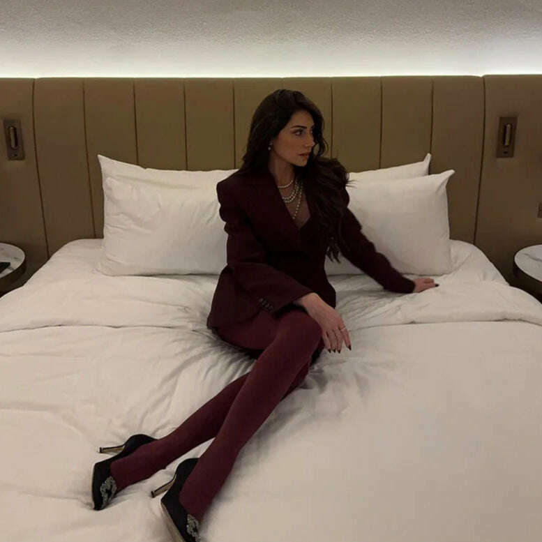 Elegant Wine Red Waist Up Wool Blend Long Jacket Women Chic Lapel Collar Single Breast Overcoat 2025 Autumn Lady High Streetwear - KIMLUD