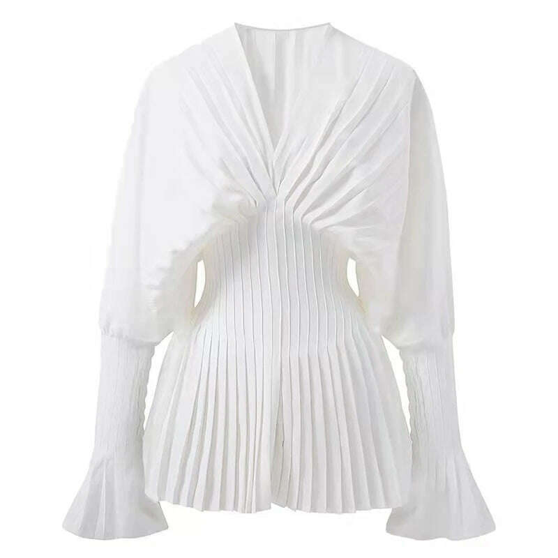 KIMLUD, Elegant Women Loose White V-Neck Pleated Shirts Female Full Sleeve Tops Blouses Casual Blusas 2023 Spring Autumn Mini Dress DS4, KIMLUD Womens Clothes