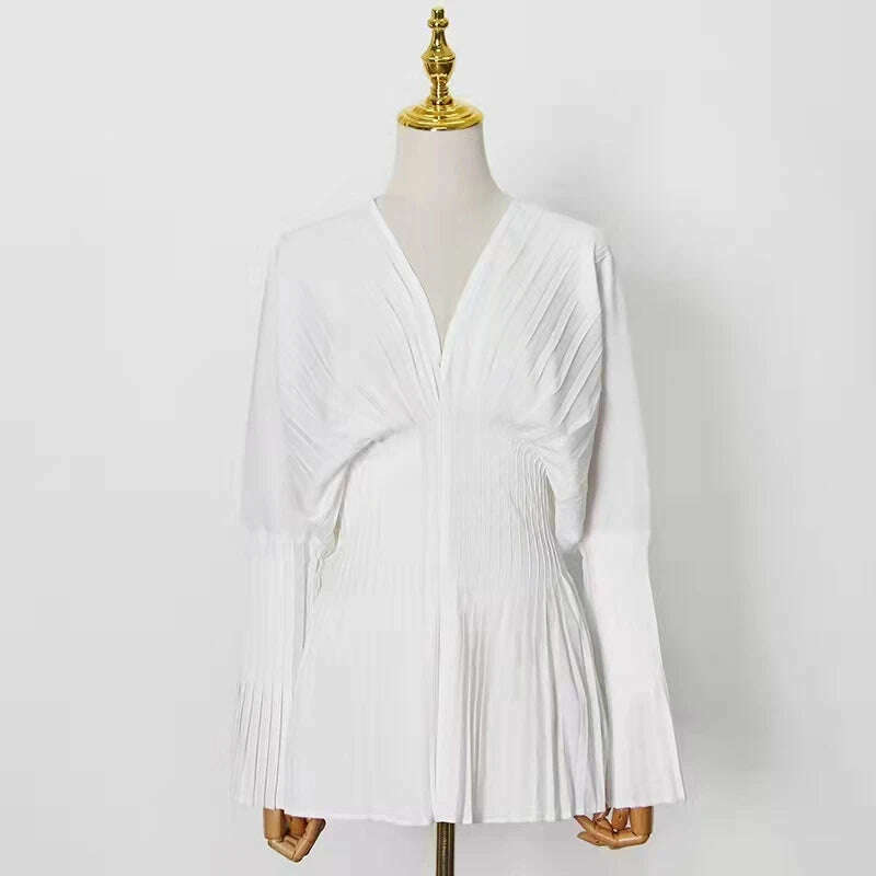 KIMLUD, Elegant Women Loose White V-Neck Pleated Shirts Female Full Sleeve Tops Blouses Casual Blusas 2023 Spring Autumn Mini Dress DS4, White / S, KIMLUD Women's Clothes