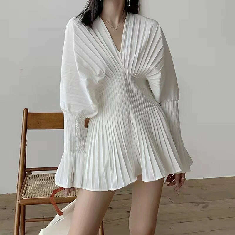 KIMLUD, Elegant Women Loose White V-Neck Pleated Shirts Female Full Sleeve Tops Blouses Casual Blusas 2023 Spring Autumn Mini Dress DS4, KIMLUD Womens Clothes