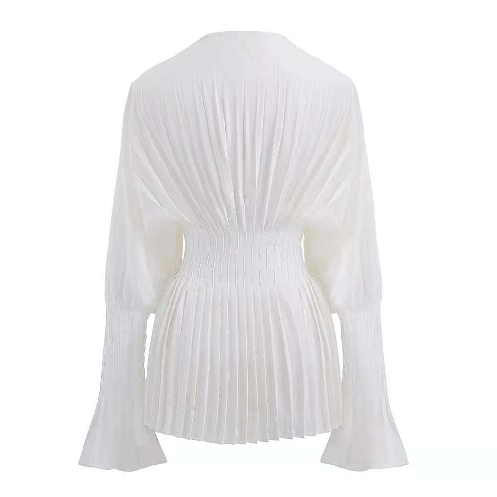 KIMLUD, Elegant Women Loose White V-Neck Pleated Shirts Female Full Sleeve Tops Blouses Casual Blusas 2023 Spring Autumn Mini Dress DS4, KIMLUD Women's Clothes