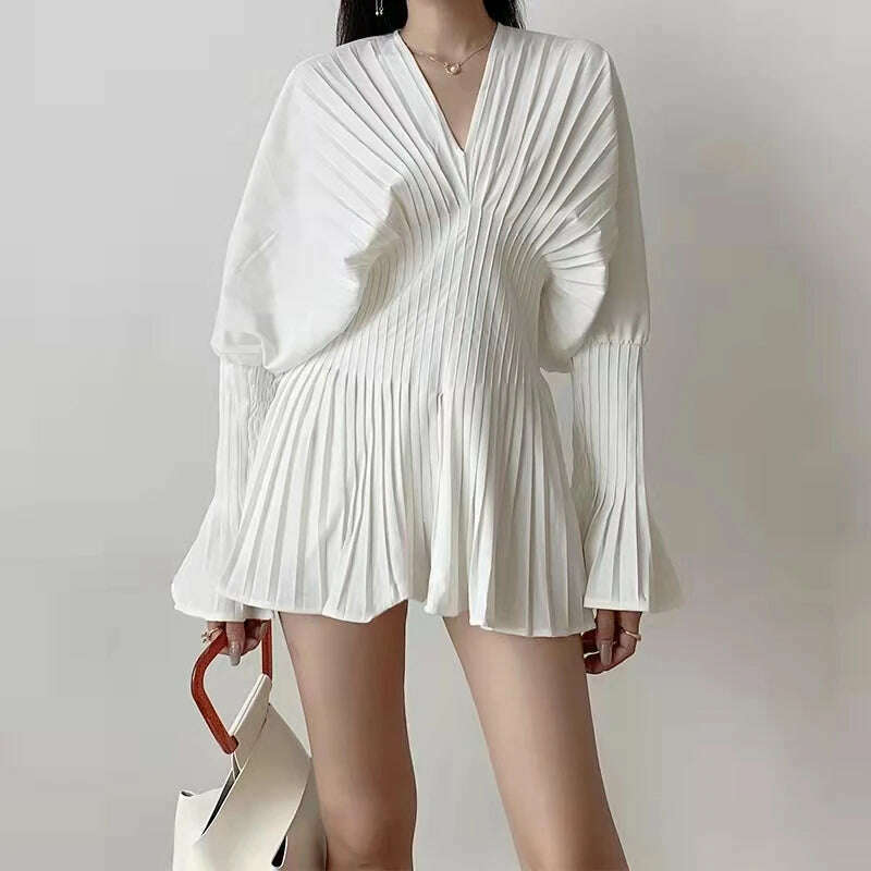 KIMLUD, Elegant Women Loose White V-Neck Pleated Shirts Female Full Sleeve Tops Blouses Casual Blusas 2023 Spring Autumn Mini Dress DS4, KIMLUD Womens Clothes