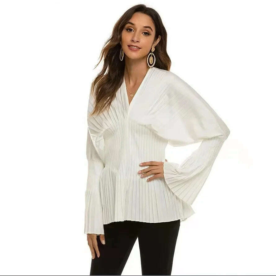 KIMLUD, Elegant Women Loose White V-Neck Pleated Shirts Female Full Sleeve Tops Blouses Casual Blusas 2023 Spring Autumn Mini Dress DS4, KIMLUD Womens Clothes