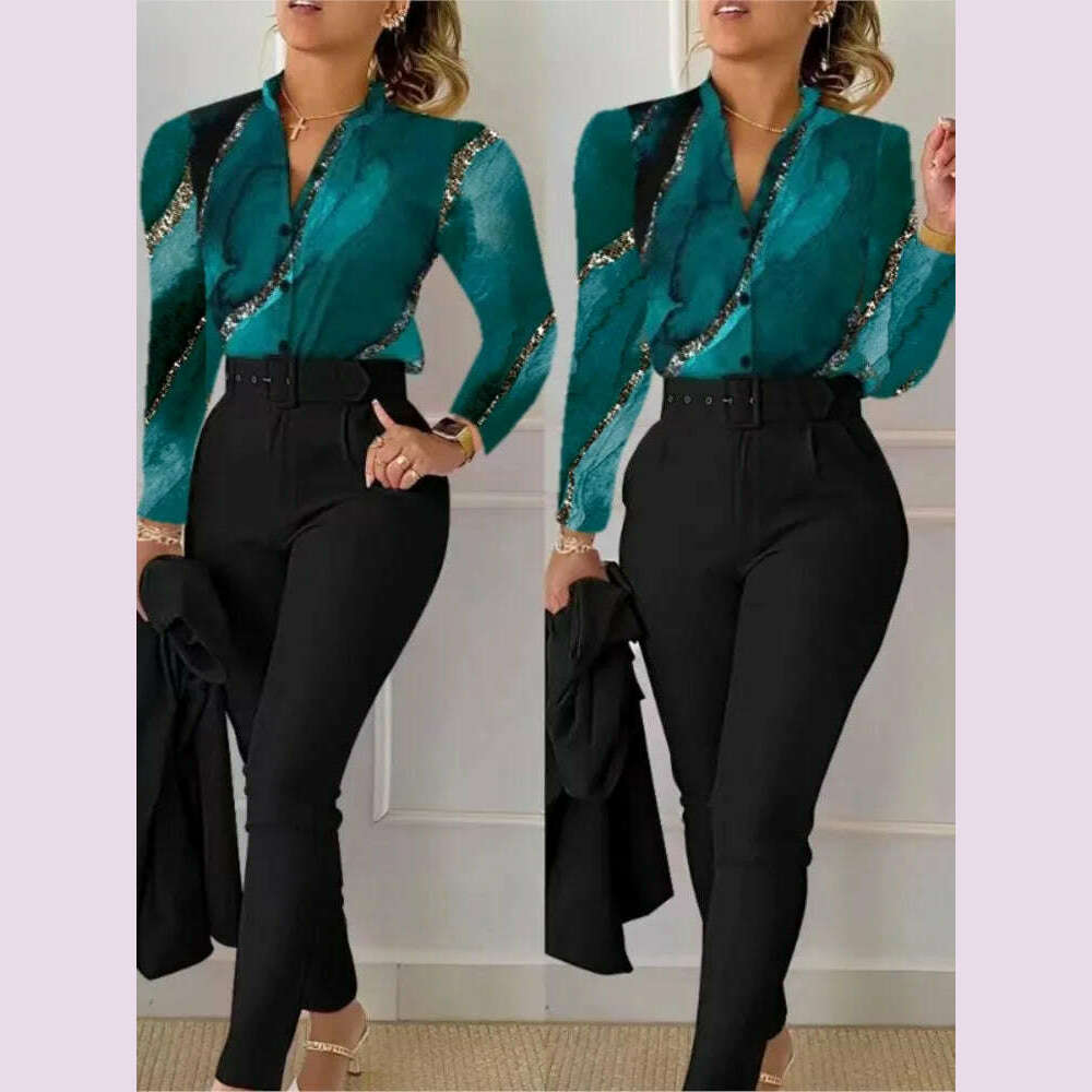 Elegant Women Shirt Two Piece Set Suits Fall New Fashion Print Long Sleeve Top Black Pants Set With Belt Blouses Female Clothing - KIMLUD