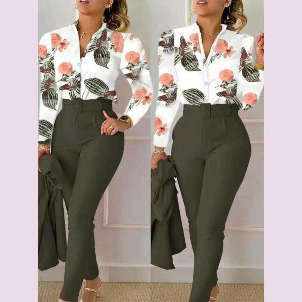 Elegant Women Shirt Two Piece Set Suits Fall New Fashion Print Long Sleeve Top Black Pants Set With Belt Blouses Female Clothing - KIMLUD
