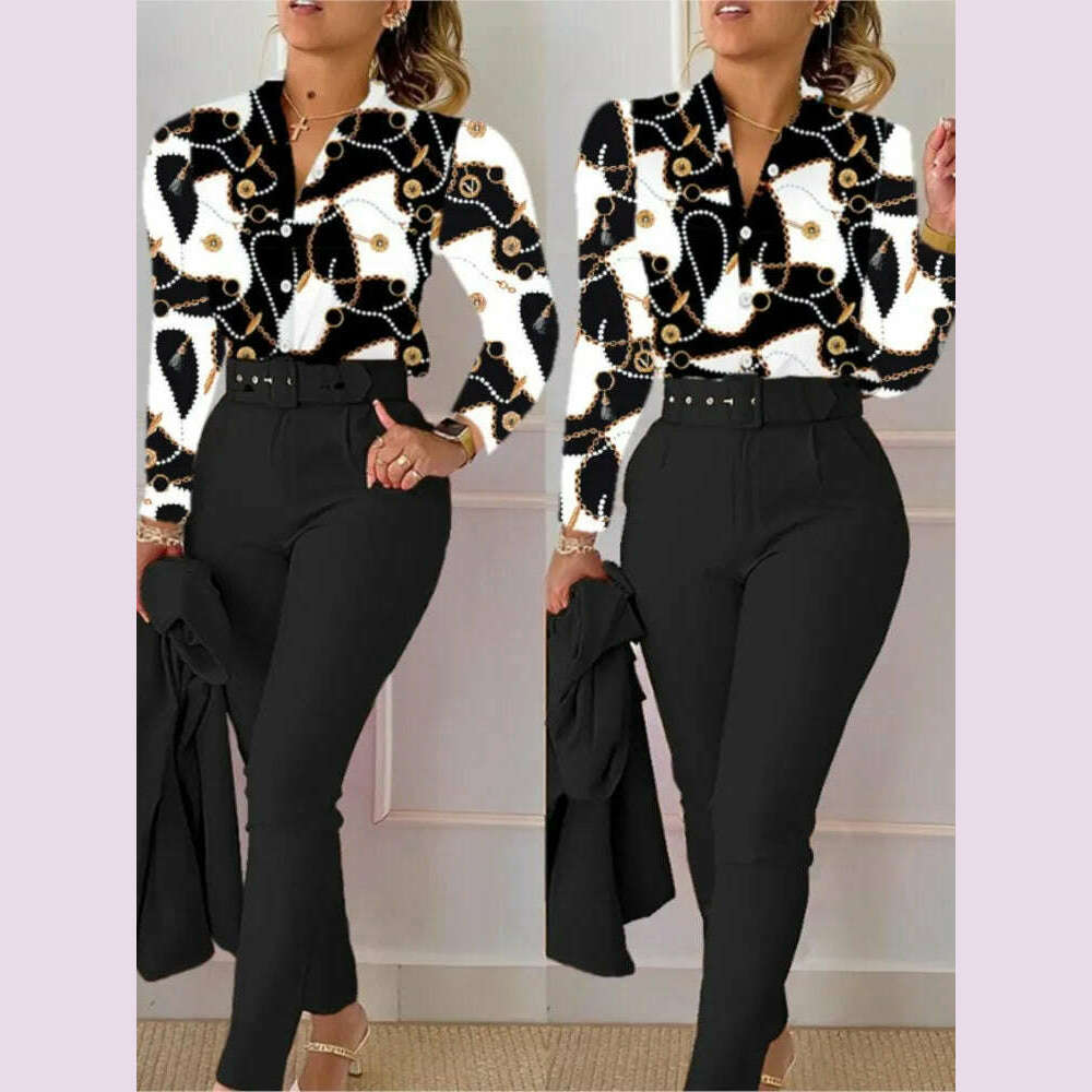 Elegant Women Shirt Two Piece Set Suits Fall New Fashion Print Long Sleeve Top Black Pants Set With Belt Blouses Female Clothing - KIMLUD