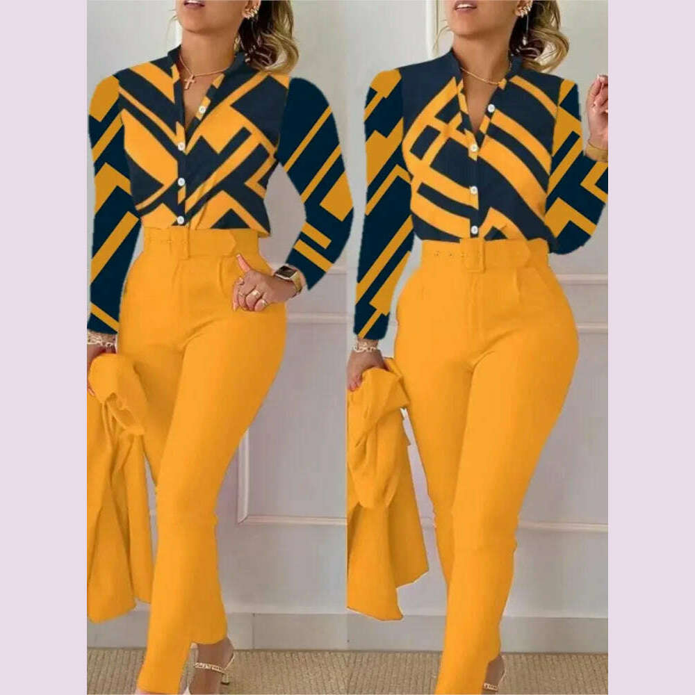 Elegant Women Shirt Two Piece Set Suits Fall New Fashion Print Long Sleeve Top Black Pants Set With Belt Blouses Female Clothing - KIMLUD