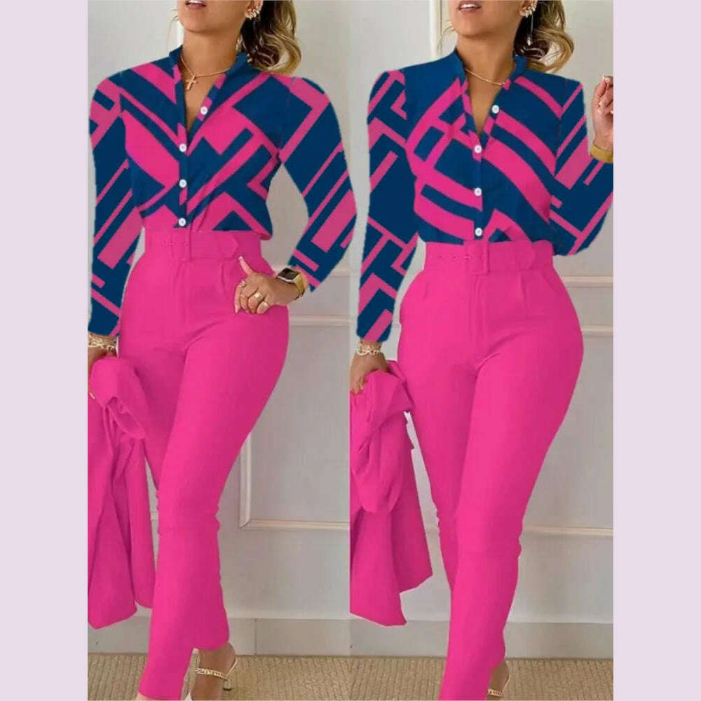 Elegant Women Shirt Two Piece Set Suits Fall New Fashion Print Long Sleeve Top Black Pants Set With Belt Blouses Female Clothing - KIMLUD