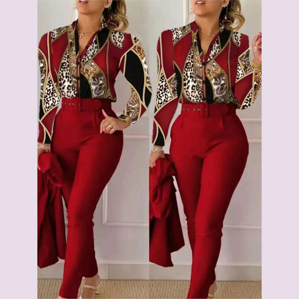 Elegant Women Shirt Two Piece Set Suits Fall New Fashion Print Long Sleeve Top Black Pants Set With Belt Blouses Female Clothing - KIMLUD