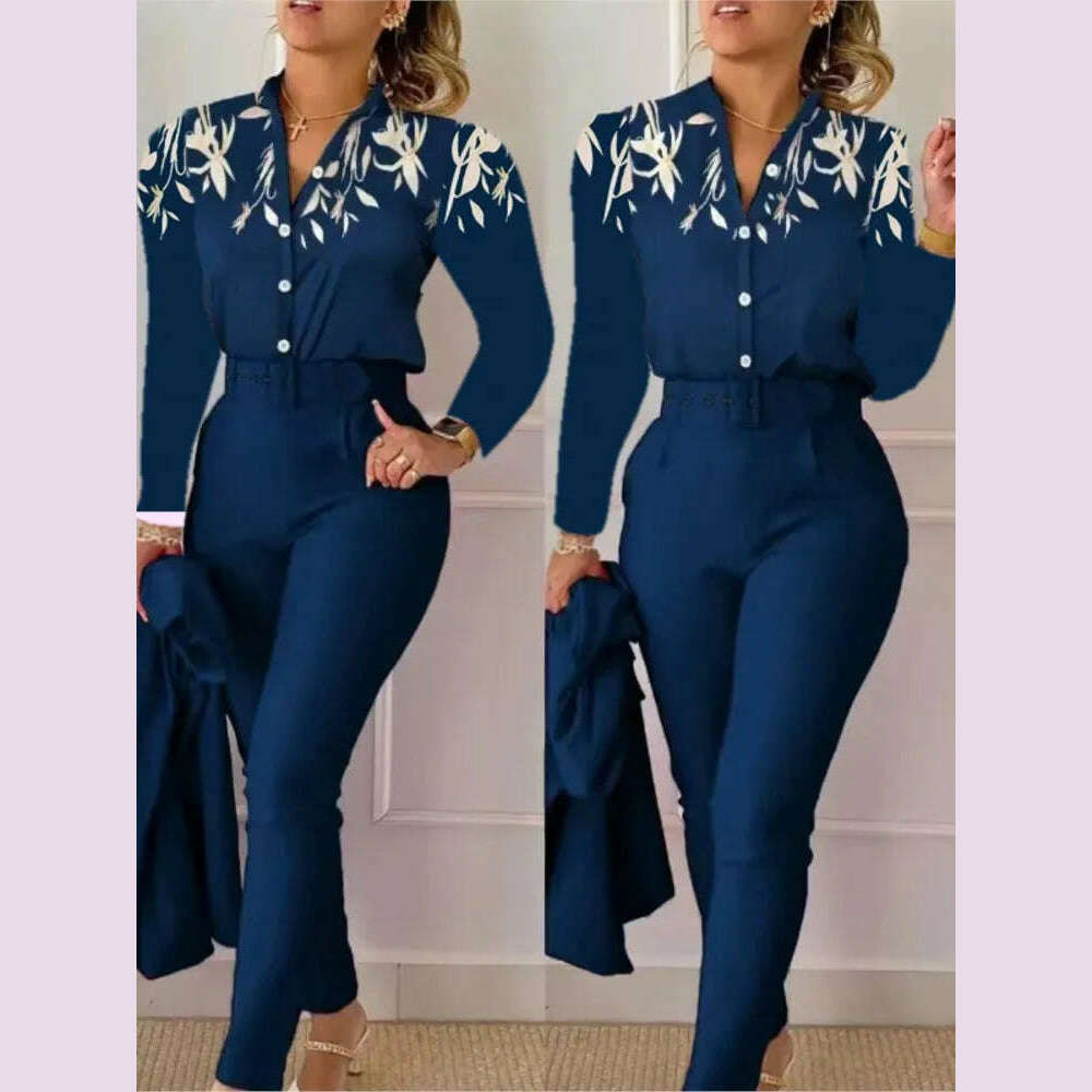 Elegant Women Shirt Two Piece Set Suits Fall New Fashion Print Long Sleeve Top Black Pants Set With Belt Blouses Female Clothing - KIMLUD