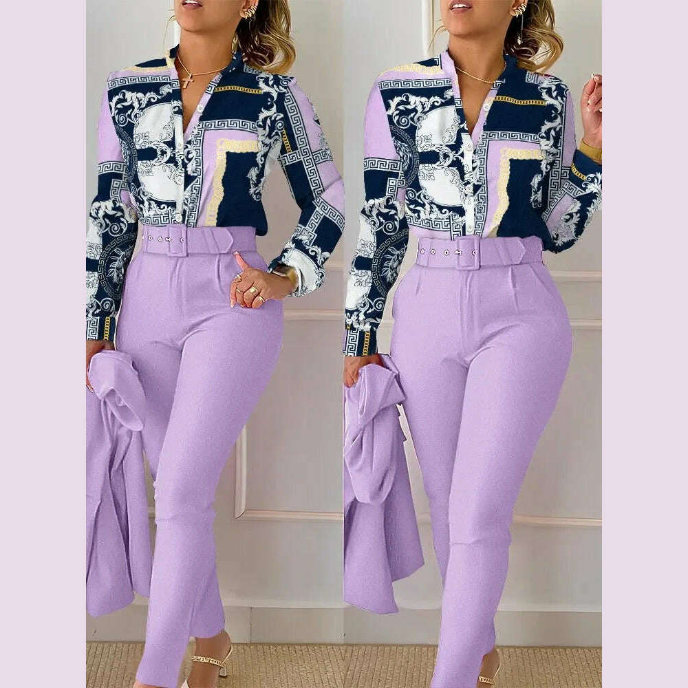 Elegant Women Shirt Two Piece Set Suits Fall New Fashion Print Long Sleeve Top Black Pants Set With Belt Blouses Female Clothing - KIMLUD