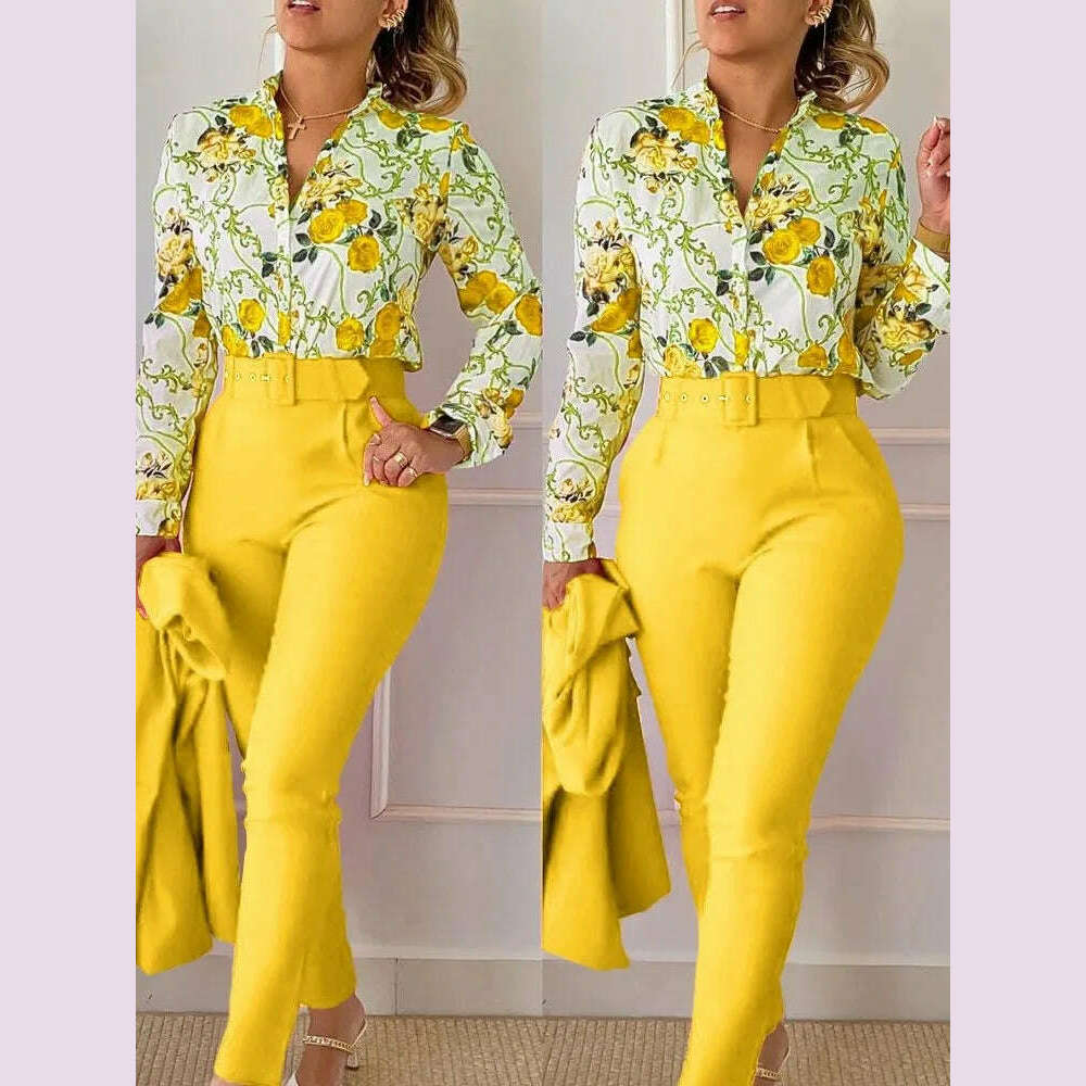 Elegant Women Shirt Two Piece Set Suits Fall New Fashion Print Long Sleeve Top Black Pants Set With Belt Blouses Female Clothing - KIMLUD