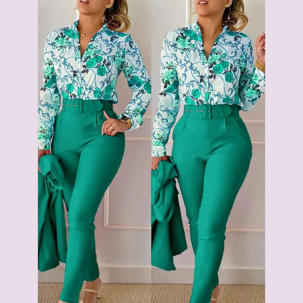 Elegant Women Shirt Two Piece Set Suits Fall New Fashion Print Long Sleeve Top Black Pants Set With Belt Blouses Female Clothing - KIMLUD