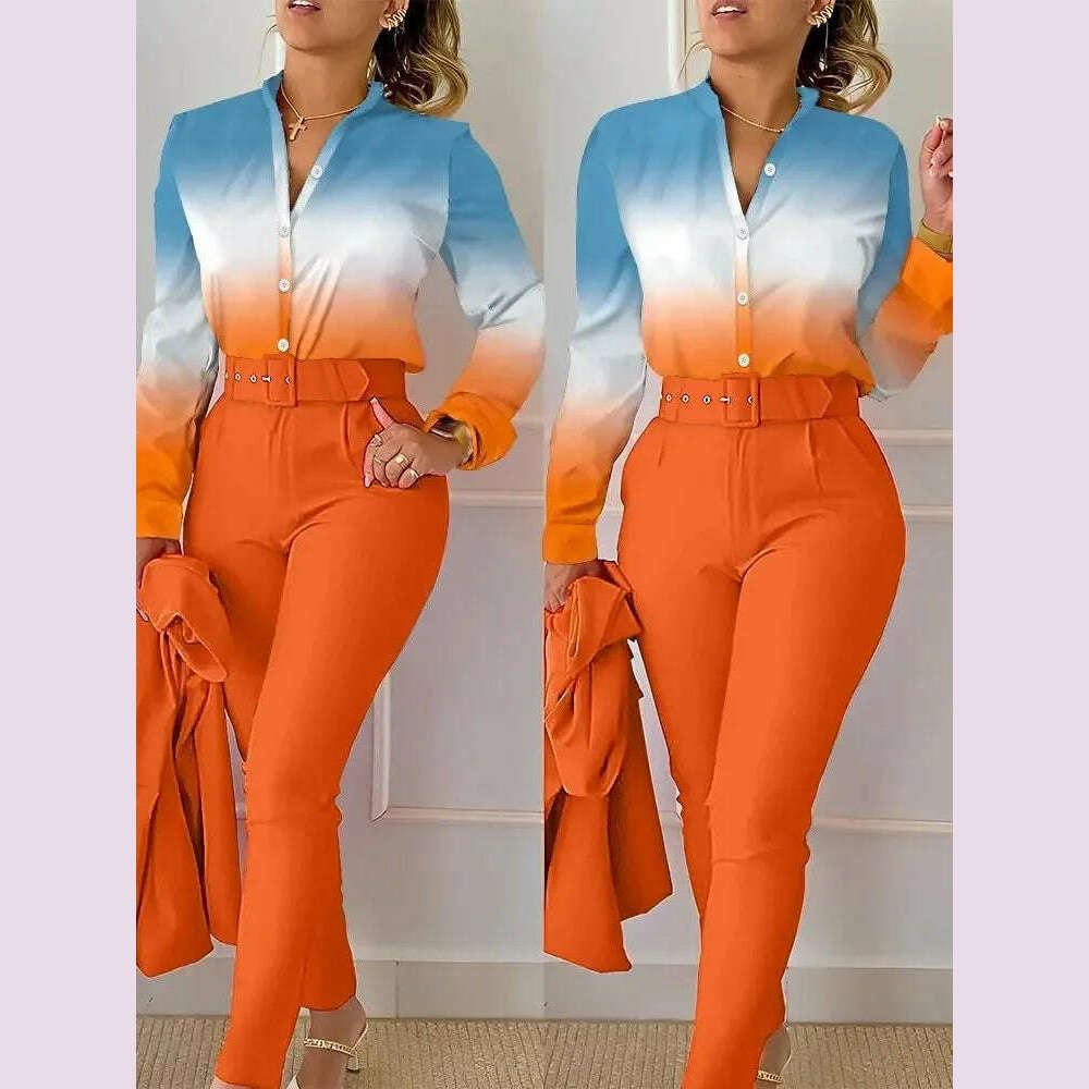 Elegant Women Shirt Two Piece Set Suits Fall New Fashion Print Long Sleeve Top Black Pants Set With Belt Blouses Female Clothing - KIMLUD