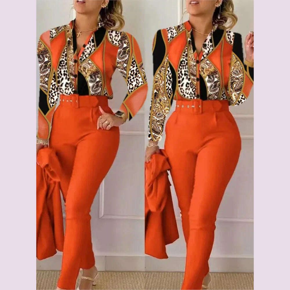 Elegant Women Shirt Two Piece Set Suits Fall New Fashion Print Long Sleeve Top Black Pants Set With Belt Blouses Female Clothing - KIMLUD