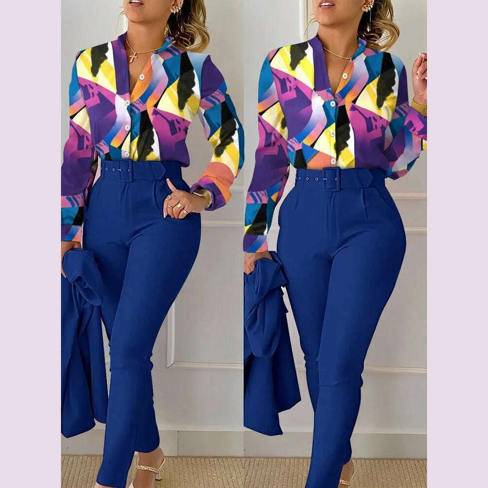 Elegant Women Shirt Two Piece Set Suits Fall New Fashion Print Long Sleeve Top Black Pants Set With Belt Blouses Female Clothing - KIMLUD