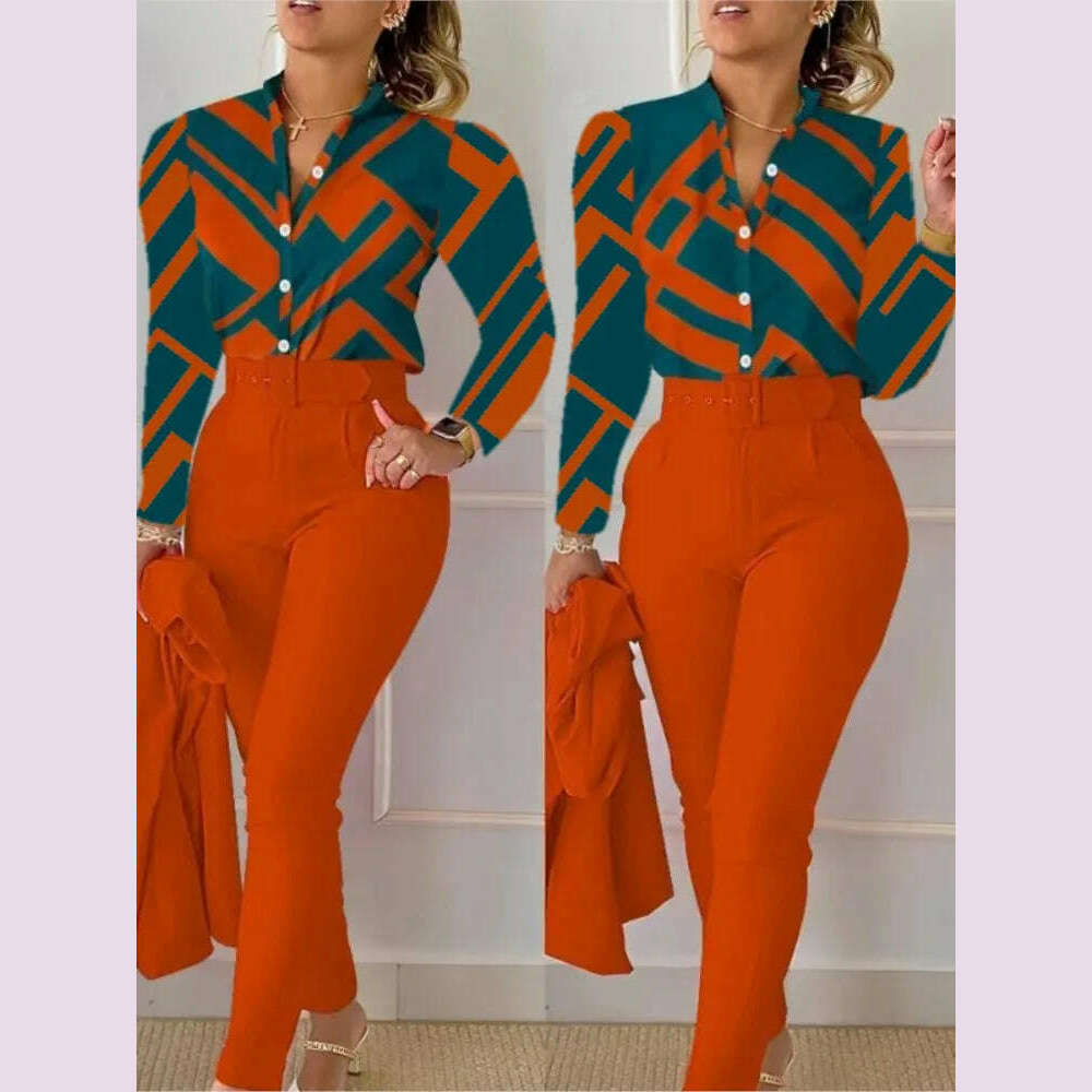 Elegant Women Shirt Two Piece Set Suits Fall New Fashion Print Long Sleeve Top Black Pants Set With Belt Blouses Female Clothing - KIMLUD